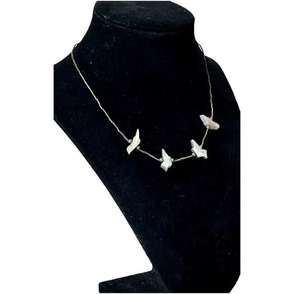 Native American 925 Liquid Silver Necklace Carved MOP Birds Fetish Necklace 14” - Picture 1 of 11